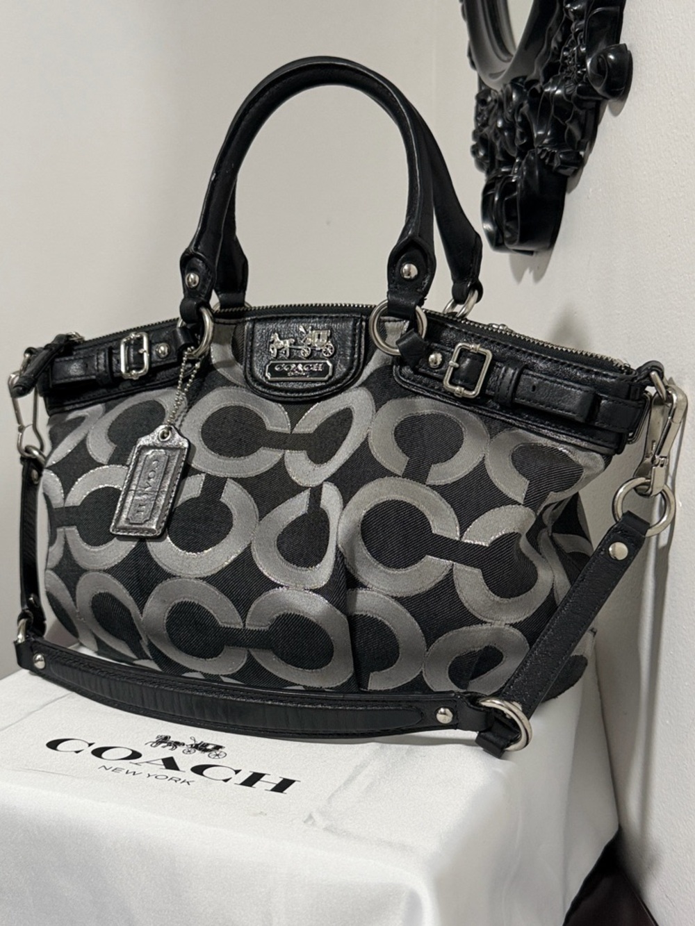 Coach Black and Gray Signature Canvas Shoulder Satchel